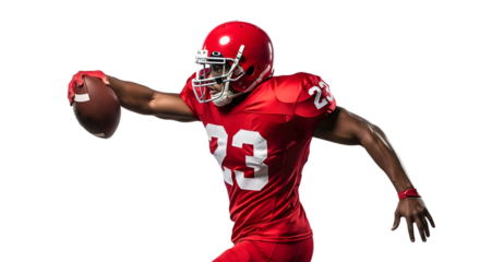 American football player in red uniform holding a brown football with white stripes isolated on a transparent background
