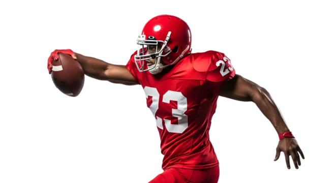 American football player in red uniform holding a brown football with white stripes isolated on a transparent background