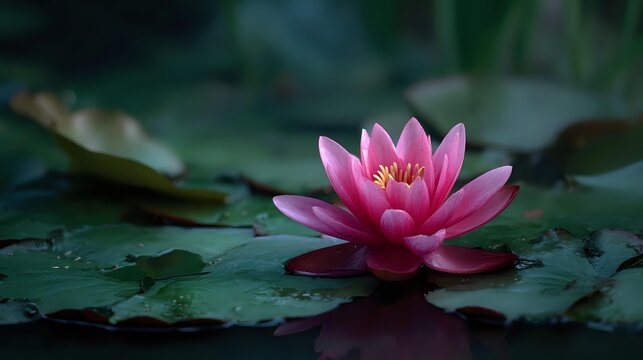 Close-up of a vibrant pink water lily showcasing its delicate petals and yellow center resting on green lily pads in a tranquil pond - Powered by Adobe