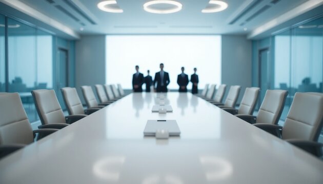 Long conference table leading to blurred business executives in a modern, symmetrical boardroom with elegant leather chairs