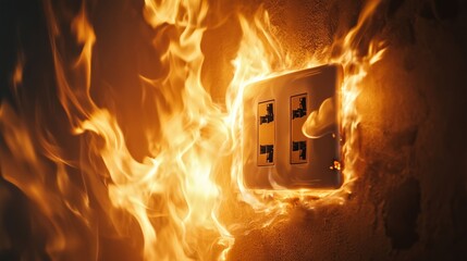 Electrical outlet engulfed in flames due to a short circuit, highlighting fire hazard risks.