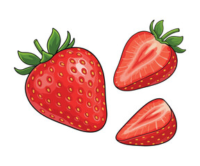 Red Strawberry Vector Illustration, Whole and Halved Fruit Isolated on White Background