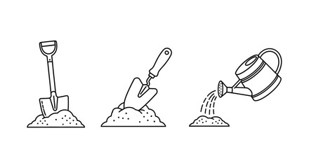 Gardening tools including a shovel trowel and watering can in a line art style