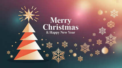 Festive digital Christmas and New Year vector, illustration icon style featuring a gold tree with star, an elegant white greeting text, and  gold snowflakes on a glowing teal violet gradient.