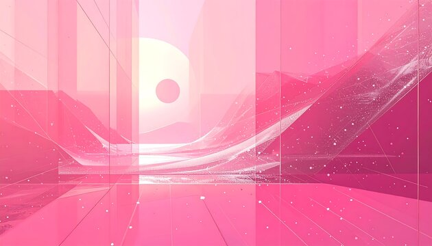 A pastel-pink abstract digital artwork features geometric shapes and a sun-like orb, with hints of a landscape and particles