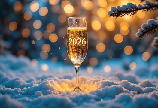 Sparkling wine glass with 2026 in snow and festive golden bokeh lights for new year celebration