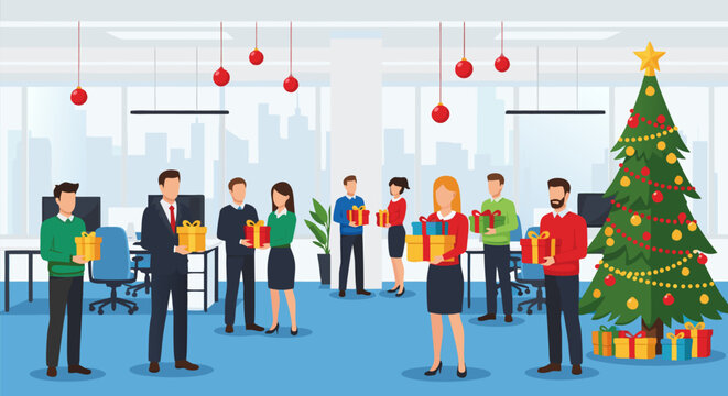 Business team celebrating Christmas at a corporate party in a modern office, happy colleagues exchanging festive gifts near a decorated tree