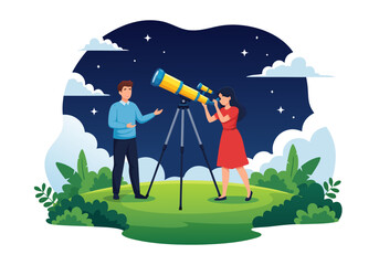 Curious couple explores the cosmos with a large telescope, discovering celestial wonders during a peaceful night of stargazing and astronomical observation