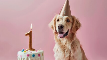 Adorable Golden Retriever Celebrates First Birthday with Cake and Party Hat Against a Playful Pink Background