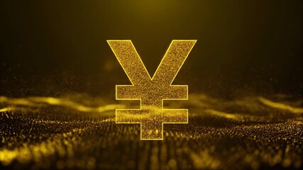 Dynamic Golden Yen Currency Symbol Floating Over a Shimmering Particle Wave Landscape - Powered by Adobe