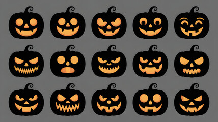 Collection of glowing carved halloween pumpkins with spooky faces illuminated from within against a dark gray background