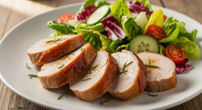 Enjoy this delicious healthy lunch of perfectly sliced meat with fresh salad for a vibrant lifestyle
