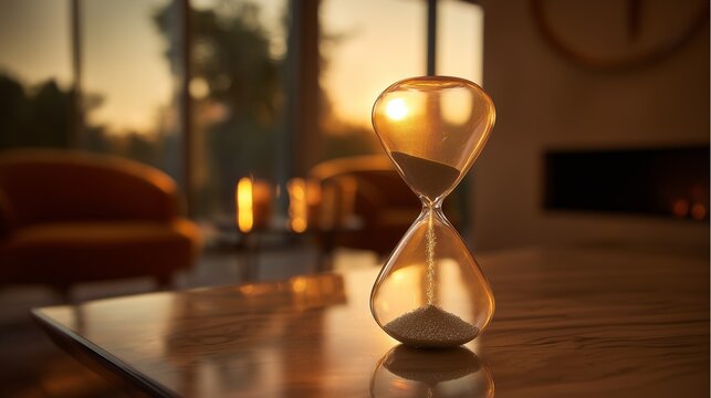 In the warm light of the sunset, the hourglass rests elegantly on the polished table as the golden sand flows down steadily. This hourglass captures time beautifully in the cozy ro - Powered by Adobe