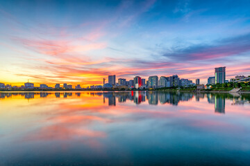 Cau Giay Park Lake Sunset, Hanoi Skyline Reflection