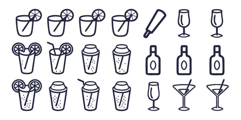 A collection of stylized icons representing various alcoholic beverages and bar tools.