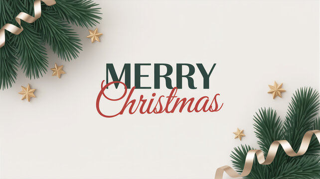Merry christmas greeting card with fir branches and gold ribbon isolated on white background