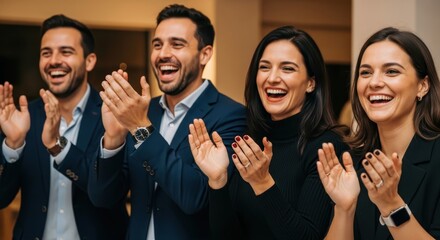 Dynamic team joyfully celebrating success, clapping and laughing together at a company event