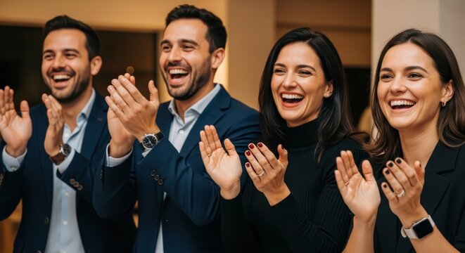 Dynamic team joyfully celebrating success, clapping and laughing together at a company event