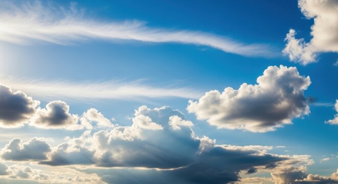 Dramatic skyscape with sun rays piercing through soft clouds under a vibrant blue sky for inspiration