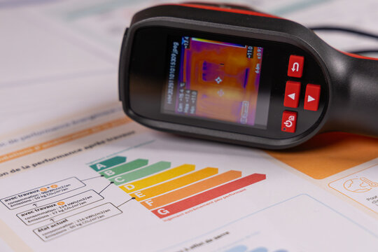 Une cam&eacute;ra thermique avec le dossier de diagnostic DPE d'un appartement. 