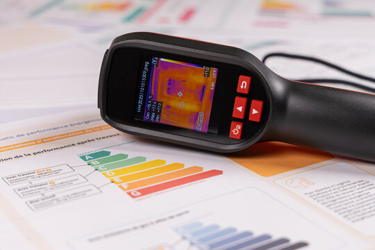 Gros plan sur une cam&eacute;ra thermique avec le dossier de  diagnostic DPE d'un appartement. 