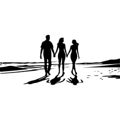 Silhouette family walking on beach holding hands summer vacation travel
