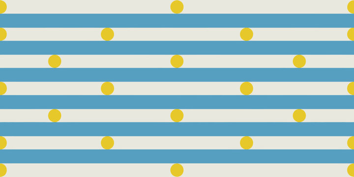 A repeating pattern of blue and white stripes with evenly spaced yellow dots across the entire image area