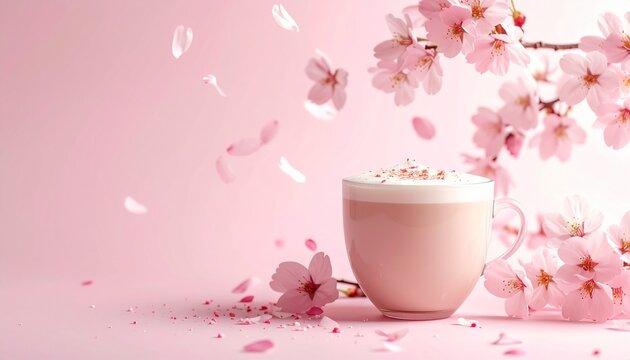 Spring Drink, Pink Background and Cherry Blossoms
春のドリンク、ピンクの背景と桜の花