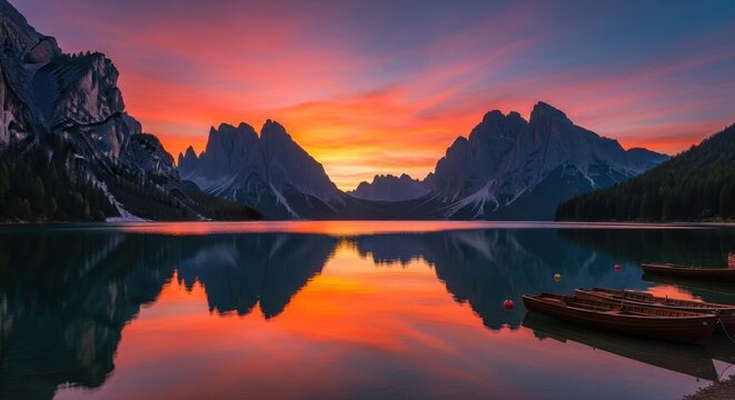 Breathtaking sunset reflecting in tranquil lake waters near majestic mountains with wooden boats resting