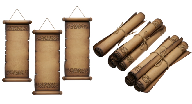 Ancient scrolls with decorative borders and twine ties isolated on a transparent background parchment