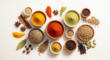 A vibrant overhead display of aromatic whole and ground spices in bowls, showcasing diverse culinary ingredients for global cooking and healthy eating.