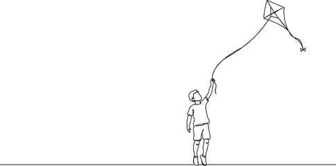continuous line drawing of boy flying a kite, line art vector illustration