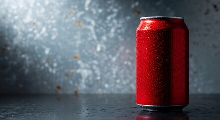Refreshing red soda can with condensation on a dark textured background