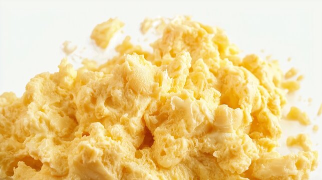 Fluffy scrambled eggs on a white background, symbolizing simplicity and comfort.