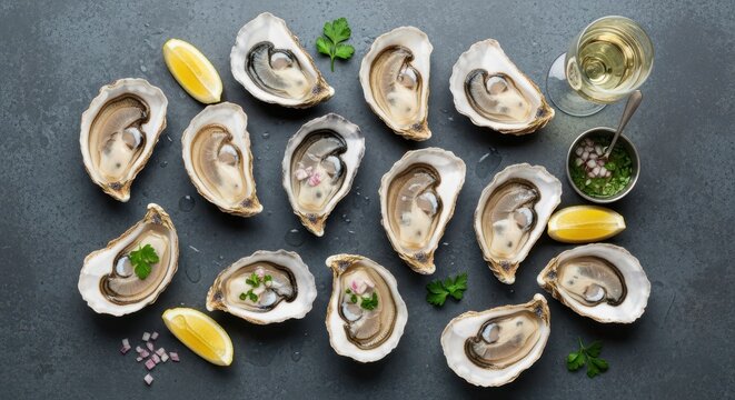 Exquisite oysters with lemon wedges and white wine create a sophisticated culinary experience for seafood lovers
