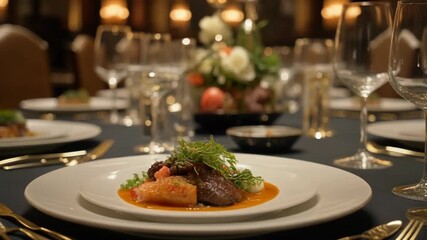 Elegant dining table set with gourmet plated meals, wine glasses, and floral centerpiece for a formal occasion with fine dining