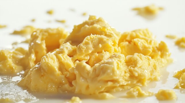 Fluffy scrambled eggs on a white plate, symbolizing simplicity and comfort.