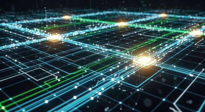 Explore futuristic technology with a vibrant digital circuit board and glowing components now for cutting edge projects