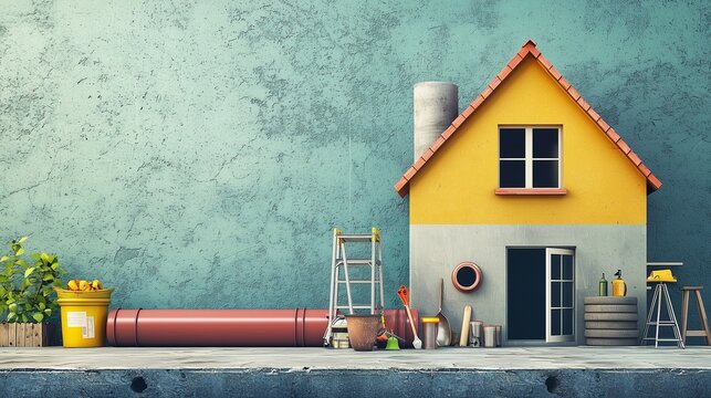 House with tools and pipe symbolizes sewage installation and plumbing.