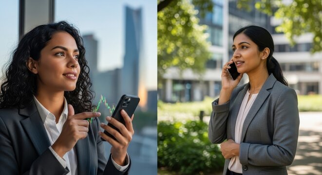 Successful businesswoman analyzes stock market on phone while another talks business in the park