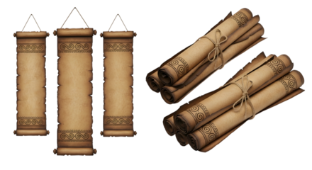 Antique parchment scrolls with decorative borders and twine ties isolated on a transparent background