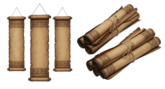 Antique parchment scrolls with decorative borders and twine ties isolated on a transparent background