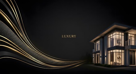 Modern luxury home with golden accents on a dark background for real estate marketing