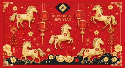 Festive chinese new year of the horse illustration featuring horses, lanterns, flowers, and traditional decorations on a red background