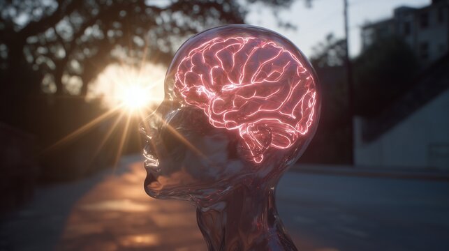A translucent human head displays a vibrant neon pink brain glowing against the warm backdrop of a sunset. The glowing brain and the head create a striking visual contrast in the s