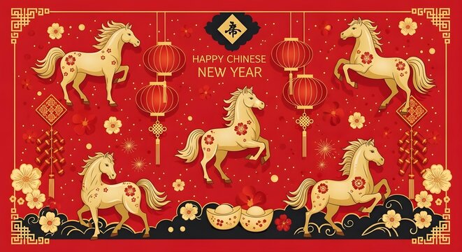 Festive chinese new year of the horse illustration featuring horses, lanterns, flowers, and traditional decorations on a red background