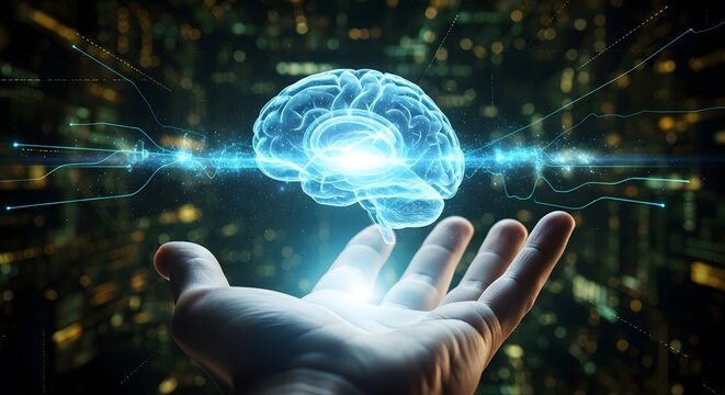 Human hand reaching for a glowing brain in a futuristic cityscape