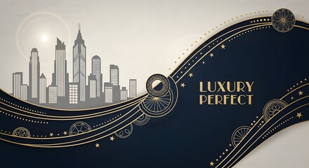 Elegant art deco cityscape design with curving gold accents and luxury text