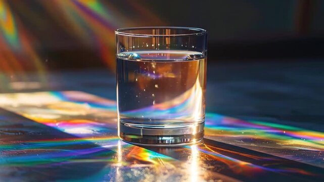 Glass of water with refracted light and rainbow spectrum display