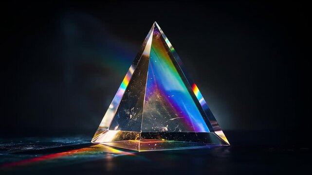 Glass prism refracting light spectrum against dark background - Powered by Adobe